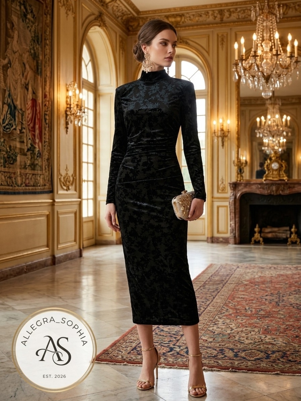 NWT Belle By Badgley Mischka Kendall Black Velvet Burnout Ruched Midi Dress Sz 2